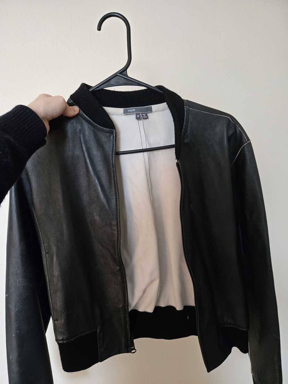 Vince Black Leather Bomber with Ribbed Trim